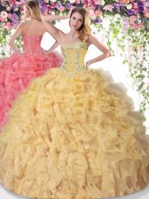 Fantastic Sleeveless Organza Floor Length Lace Up Quinceanera Dresses in Gold with Beading and Ruffles