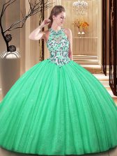 Custom Design Green Lace Up Sweet 16 Dress Lace and Appliques Sleeveless Floor Length