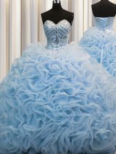 Fashion Rolling Flowers Ball Gowns Sleeveless Baby Blue Quinceanera Gown Brush Train Lace Up