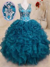 Fashionable Teal V-neck Neckline Beading and Embroidery and Ruffles 15 Quinceanera Dress Sleeveless Backless