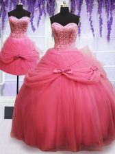 Sophisticated Three Piece Rose Pink Sleeveless Beading and Bowknot Floor Length Vestidos de Quinceanera