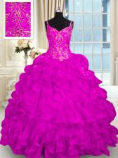  Sleeveless Beading and Embroidery and Ruffles Lace Up Quinceanera Gown with Fuchsia Brush Train