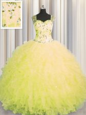 Affordable See Through Zipper Up Straps Sleeveless Zipper Quince Ball Gowns Yellow Tulle