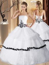 Admirable White Organza Lace Up Quinceanera Dress Sleeveless Floor Length Appliques and Ruffled Layers