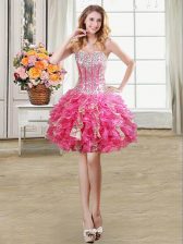 Unique Mini Length Hot Pink Prom Gown Organza Sleeveless Beading and Ruffles and Sequins