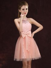 Inexpensive Halter Top Sleeveless Lace Up Dama Dress for Quinceanera Peach Tulle and Lace