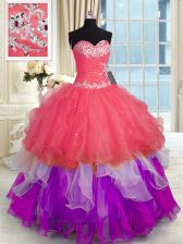  Multi-color Ball Gowns Beading and Appliques Ball Gown Prom Dress Lace Up Organza Sleeveless Floor Length