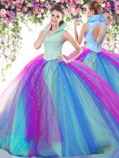  Multi-color Backless 15th Birthday Dress Beading Sleeveless Floor Length