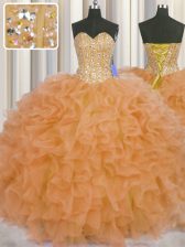 Sophisticated Visible Boning Orange Ball Gowns Organza Sweetheart Sleeveless Beading and Ruffles and Sashes ribbons Floor Length Lace Up 15th Birthday Dress