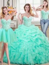 Exceptional Three Piece Apple Green Organza Lace Up Sweetheart Sleeveless Floor Length Quinceanera Dresses Beading and Ruffles and Pick Ups