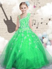Latest Green Little Girls Pageant Dress Party and Wedding Party with Beading and Appliques and Hand Made Flower Asymmetric Sleeveless Lace Up