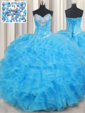  Beading and Ruffled Layers Ball Gown Prom Dress Baby Blue Lace Up Sleeveless Floor Length