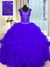 Delicate Purple Ball Gowns Beading and Ruffles 15th Birthday Dress Lace Up Organza Cap Sleeves Floor Length