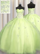  Big Puffy Sweetheart Sleeveless Sweet 16 Dresses Floor Length Beading and Appliques Yellow Green Organza