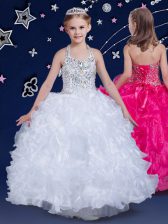 Popular Ball Gowns Toddler Flower Girl Dress White Halter Top Organza Sleeveless Floor Length Lace Up