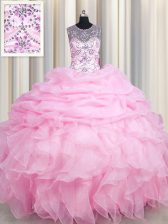 See Through Sleeveless Beading and Ruffles and Pick Ups Lace Up 15th Birthday Dress
