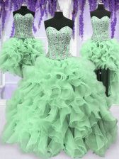 Glamorous Four Piece Apple Green Lace Up Sweet 16 Dresses Beading and Ruffles Sleeveless Floor Length