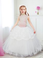 Dazzling Halter Top White Sleeveless Tulle Zipper Flower Girl Dresses for Less for Party and Quinceanera and Wedding Party