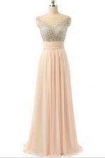 Super Scoop Sleeveless Organza Sweep Train Side Zipper Dress for Prom in Peach with Beading and Sequins and Belt