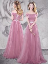  Off the Shoulder Tulle Short Sleeves With Train Prom Party Dress Brush Train and Ruching and Belt