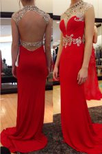 Smart With Train Red Prom Party Dress High-neck Sleeveless Sweep Train Backless