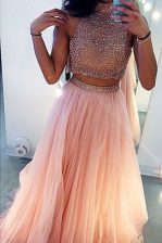 Sumptuous Peach High-neck Side Zipper Beading Prom Gown Sweep Train Sleeveless