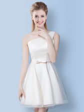 Spectacular Tulle One Shoulder Sleeveless Lace Up Bowknot Quinceanera Dama Dress in White