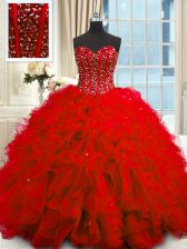 Excellent Red Lace Up Quinceanera Gown Beading and Ruffles and Sequins Sleeveless Floor Length