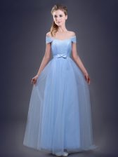  Light Blue Empire Off The Shoulder Sleeveless Tulle Floor Length Lace Up Ruching and Bowknot Dama Dress