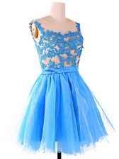 Dazzling Baby Blue A-line Scoop Sleeveless Organza and Tulle and Lace Knee Length Zipper Lace 