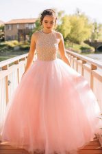 Dynamic Floor Length Pink Prom Dress Scoop Sleeveless Zipper