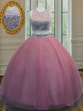 Stunning Scoop Pink Tulle Zipper Quinceanera Dress Sleeveless Floor Length Ruffled Layers and Sashes ribbons