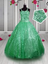  Green Lace Up Straps Sequins Little Girls Pageant Dress Sequined Sleeveless