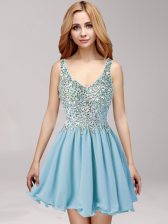  Straps Sleeveless Chiffon Mini Length Side Zipper Homecoming Dress in Light Blue with Beading and Ruching