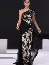  Black Chiffon Side Zipper One Shoulder Cap Sleeves With Train Homecoming Dress Brush Train Lace