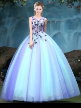  V-neck Sleeveless Tulle Sweet 16 Dresses Appliques Lace Up