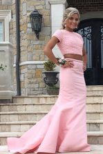Inexpensive Mermaid Scoop Rose Pink Backless Dress for Prom Ruching Sleeveless Sweep Train