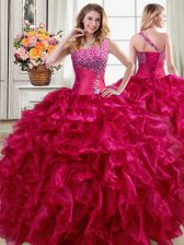  Organza One Shoulder Sleeveless Lace Up Beading and Ruffles Sweet 16 Dress in Fuchsia