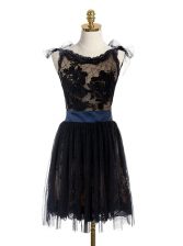 Adorable Scoop Mini Length Backless Evening Dress Black for Party with Lace and Belt
