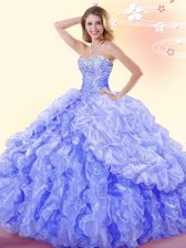 Suitable Blue Ball Gowns Sweetheart Sleeveless Organza Floor Length Lace Up Beading and Ruffles and Pick Ups Sweet 16 Quinceanera Dress