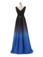  Floor Length Zipper Prom Dresses Blue And Black for Prom and Party with Belt
