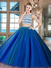  Tulle Scoop Sleeveless Backless Beading Vestidos de Quinceanera in Royal Blue