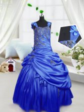 Excellent Royal Blue Satin Lace Up Kids Pageant Dress Sleeveless Floor Length Beading and Pick Ups
