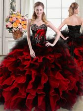  Black and Red Organza and Tulle Lace Up Sweetheart Sleeveless Floor Length Sweet 16 Dress Beading and Ruffles and Hand Made Flower