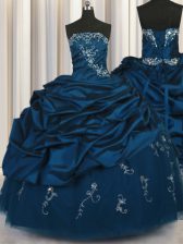 Decent Taffeta Strapless Sleeveless Lace Up Beading and Appliques and Embroidery and Pick Ups 15 Quinceanera Dress in Teal