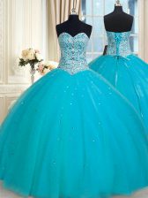 Ideal Sleeveless Tulle Floor Length Lace Up 15 Quinceanera Dress in Aqua Blue with Beading and Sequins