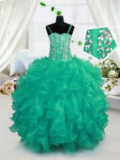  Beading and Ruffles Girls Pageant Dresses Turquoise Lace Up Sleeveless Floor Length