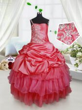  Red Ball Gowns Organza and Taffeta Spaghetti Straps Sleeveless Beading and Ruffled Layers Floor Length Lace Up Pageant Gowns For Girls