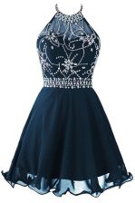  Scoop Sleeveless Organza Mini Length Zipper Homecoming Dress in Navy Blue with Beading and Belt
