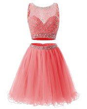 Sophisticated Sleeveless Mini Length Beading and Belt Side Zipper Evening Dress with Watermelon Red